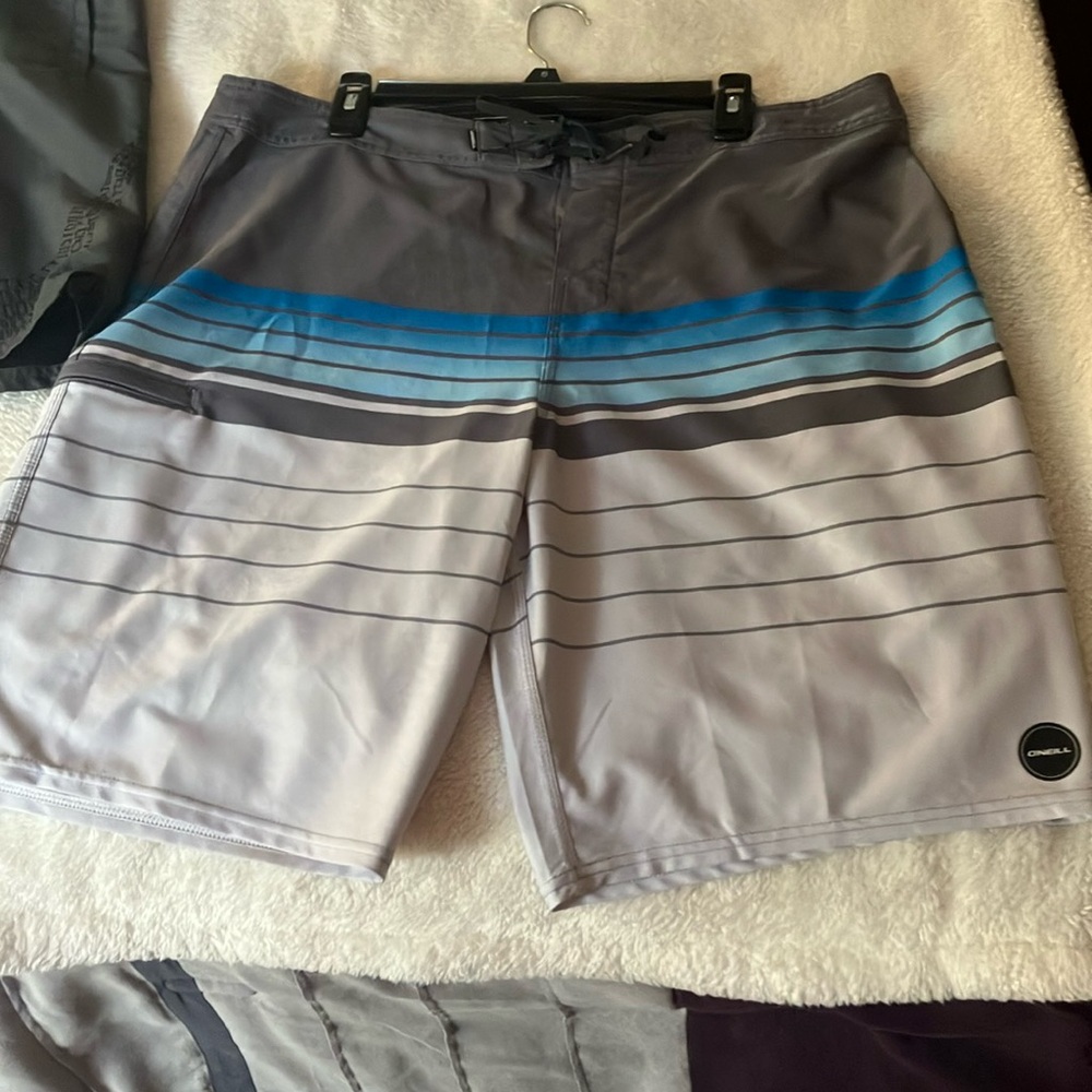 O'Neill Gray and Blue Board Shorts Modern Striped Design